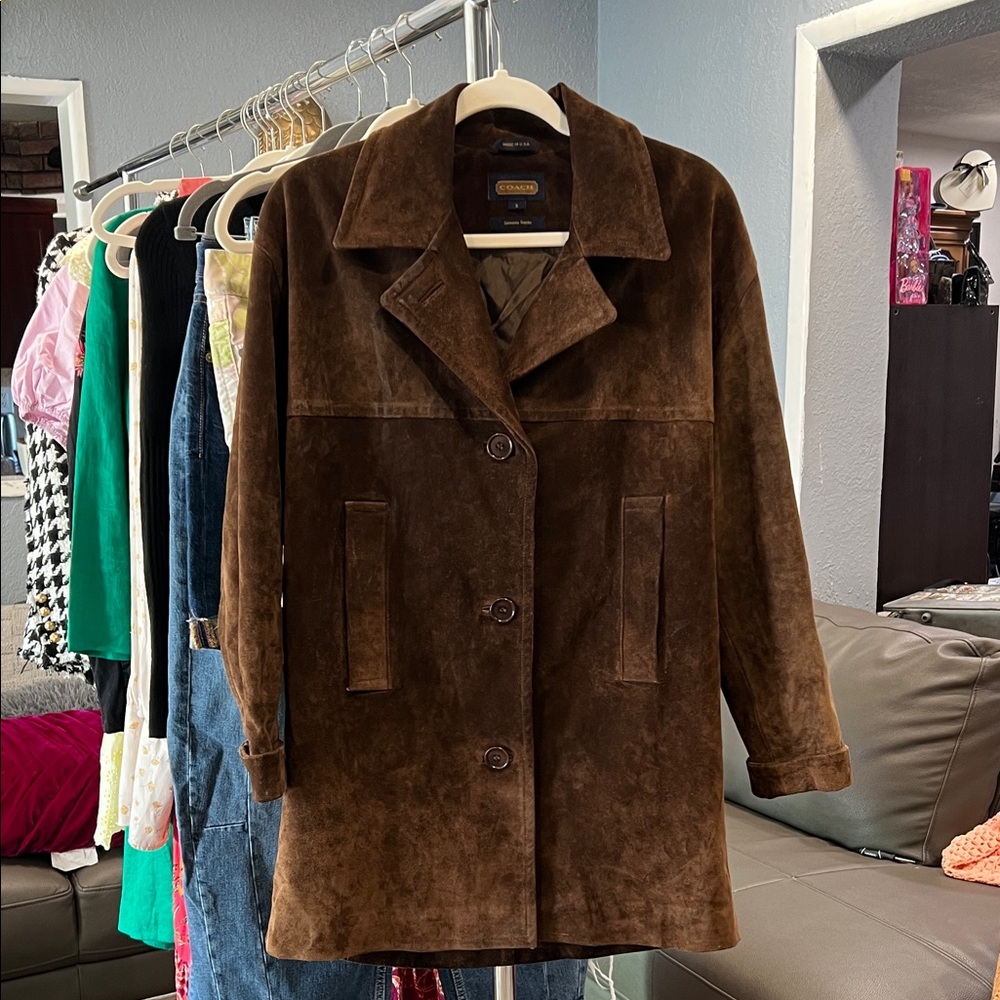 Coach Dark Brown Suede Short Trench Coat OVERSIZED FITS LIKE LARGE